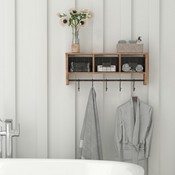 Daly Wall Mounted 24 Inch Solid Pine Wood Storage Rack with Upper Shelf, 5 Hooks, Wire Baskets For Entryway, Kitchen, Bathroom in Rustic Brown, HFMHD-GDI-CRE8-902315-GG