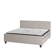 Tribeca King Size Tufted Upholstered Platform Bed in Beige Fabric with 10 Inch CertiPUR-US Certified Pocket Spring Mattress, HG-BM10-20-GG