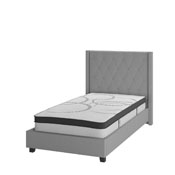 Riverdale Twin Size Tufted Upholstered Platform Bed in Light Gray Fabric with 10 Inch CertiPUR-US Certified Pocket Spring Mattress, HG-BM10-41-GG
