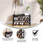 Easton 3-Tier Wooden Entryway Bench with Metal Mesh Shoe Storage Shelves for Entryway, Mudroom, or Bedroom in Blackwash with Black Metal Frame, HGWA-BCH-MTL-3T-BLKWSH-GG