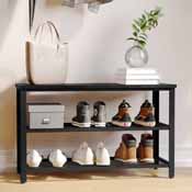 Easton 3-Tier Wooden Entryway Bench with Metal Mesh Shoe Storage Shelves for Entryway, Mudroom, or Bedroom in Blackwash with Black Metal Frame, HGWA-BCH-MTL-3T-BLKWSH-GG