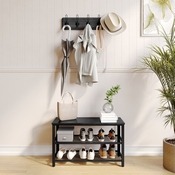 Easton 3-Tier Wooden Entryway Bench with Metal Mesh Shoe Storage Shelves for Entryway, Mudroom, or Bedroom in Blackwash with Black Metal Frame, HGWA-BCH-MTL-3T-BLKWSH-GG