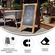 Canterbury 40" x 20" Rustic Brown Wooden Indoor/Outdoor A-Frame Magnetic Chalkboard Sign Set with 8 Chalk Markers, 10 Stencils, and 2 Magnets, HGWA-GD1I-CRE8-942315-GG