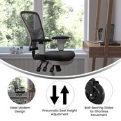 Nicholas Mid-Back Black Mesh Multifunction Executive Ergonomic Office Chair with Adjustable Arms, Transparent Roller Wheels, and White Frame, HL-0001-WH-BK-RLB-GG