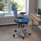 Nicholas Mid-Back Blue Mesh Multifunction Executive Ergonomic Office Chair with Adjustable Arms, Transparent Roller Wheels, and White Frame, HL-0001-WH-BLUE-RLB-GG
