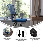 Nicholas Mid-Back Blue Mesh Multifunction Executive Ergonomic Office Chair with Adjustable Arms, Transparent Roller Wheels, and White Frame, HL-0001-WH-BLUE-RLB-GG