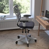Nicholas Mid-Back Dark Gray Mesh Multifunction Executive Ergonomic Chair with Adjustable Arms, Transparent Roller Wheels, and White Frame, HL-0001-WH-DKGY-RLB-GG