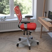 Nicholas Mid-Back Red Mesh Multifunction Executive Ergonomic Office Chair with Adjustable Arms, Transparent Roller Wheels, and White Frame, HL-0001-WH-RED-RLB-GG