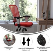 Nicholas Mid-Back Red Mesh Multifunction Executive Ergonomic Office Chair with Adjustable Arms, Transparent Roller Wheels, and White Frame, HL-0001-WH-RED-RLB-GG