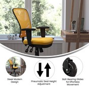 Nicholas Mid-Back Yellow-Orange Mesh Multifunction Executive Swivel Ergonomic Office Chair with Adjustable Arms and Transparent Roller Wheels, HL-0001-YEL-RLB-GG