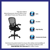 High Back Black Mesh Ergonomic Swivel Office Chair with Black Frame and Flip-up Arms, HL-0016-1-BK-BK-GG