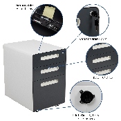 Ergonomic 3-Drawer Mobile Locking Filing Cabinet with Anti-Tilt Mechanism & Letter/Legal Drawer, White with Charcoal Faceplate, HZ-AP535-02-DGY-WH-GG