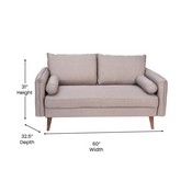 Evie Mid-Century Modern Loveseat Sofa with Faux Linen Fabric Upholstery & Solid Wood Legs in Taupe, IS-VL100-BR-GG