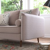 Evie Mid-Century Modern Loveseat Sofa with Faux Linen Fabric Upholstery & Solid Wood Legs in Taupe, IS-VL100-BR-GG
