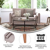 Evie Mid-Century Modern Loveseat Sofa with Faux Linen Fabric Upholstery & Solid Wood Legs in Taupe, IS-VL100-BR-GG