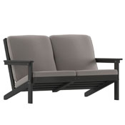 Charlestown All-Weather Poly Resin Wood Adirondack Style Deep Seat Patio Loveseat with Cushions, Black/Charcoal, JJ-C14022-BK-GG