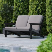 Charlestown All-Weather Poly Resin Wood Adirondack Style Deep Seat Patio Loveseat with Cushions, Black/Charcoal, JJ-C14022-BK-GG