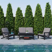 Charlestown All-Weather Poly Resin Wood Adirondack Style Deep Seat Patio Loveseat with Cushions, Black/Charcoal, JJ-C14022-BK-GG