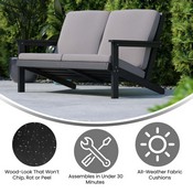 Charlestown All-Weather Poly Resin Wood Adirondack Style Deep Seat Patio Loveseat with Cushions, Black/Charcoal, JJ-C14022-BK-GG