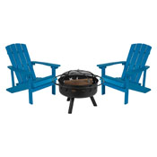 3 Piece Charlestown Blue Poly Resin Wood Adirondack Chair Set with Fire Pit - Star and Moon Fire Pit with Mesh Cover, JJ-C145012-32D-BLU-GG