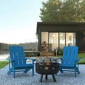 3 Piece Charlestown Blue Poly Resin Wood Adirondack Chair Set with Fire Pit - Star and Moon Fire Pit with Mesh Cover, JJ-C145012-32D-BLU-GG