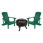 3 Piece Charlestown Green Poly Resin Wood Adirondack Chair Set with Fire Pit - Star and Moon Fire Pit with Mesh Cover, JJ-C145012-32D-GRN-GG
