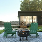 3 Piece Charlestown Green Poly Resin Wood Adirondack Chair Set with Fire Pit - Star and Moon Fire Pit with Mesh Cover, JJ-C145012-32D-GRN-GG