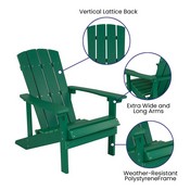 3 Piece Charlestown Green Poly Resin Wood Adirondack Chair Set with Fire Pit - Star and Moon Fire Pit with Mesh Cover, JJ-C145012-32D-GRN-GG