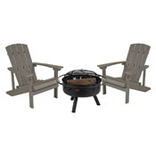 3 Piece Charlestown Gray Poly Resin Wood Adirondack Chair Set with Fire Pit - Star and Moon Fire Pit with Mesh Cover, JJ-C145012-32D-LTG-GG