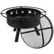 3 Piece Charlestown Gray Poly Resin Wood Adirondack Chair Set with Fire Pit - Star and Moon Fire Pit with Mesh Cover, JJ-C145012-32D-LTG-GG