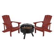 3 Piece Charlestown Red Poly Resin Wood Adirondack Chair Set with Fire Pit - Star and Moon Fire Pit with Mesh Cover, JJ-C145012-32D-RED-GG