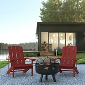 3 Piece Charlestown Red Poly Resin Wood Adirondack Chair Set with Fire Pit - Star and Moon Fire Pit with Mesh Cover, JJ-C145012-32D-RED-GG