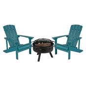 3 Piece Charlestown Sea Foam Poly Resin Wood Adirondack Chair Set with Fire Pit - Star and Moon Fire Pit with Mesh Cover, JJ-C145012-32D-SFM-GG