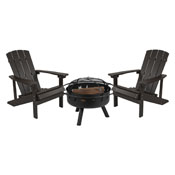 3 Piece Charlestown Slate Gray Poly Resin Wood Adirondack Chair Set with Fire Pit - Star and Moon Fire Pit with Mesh Cover, JJ-C145012-32D-SLT-GG