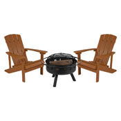 3 Piece Charlestown Teak Poly Resin Wood Adirondack Chair Set with Fire Pit - Star and Moon Fire Pit with Mesh Cover, JJ-C145012-32D-TEAK-GG