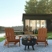 3 Piece Charlestown Teak Poly Resin Wood Adirondack Chair Set with Fire Pit - Star and Moon Fire Pit with Mesh Cover, JJ-C145012-32D-TEAK-GG