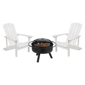 3 Piece Charlestown White Poly Resin Wood Adirondack Chair Set with Fire Pit - Star and Moon Fire Pit with Mesh Cover, JJ-C145012-32D-WH-GG