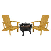 3 Piece Charlestown Yellow Poly Resin Wood Adirondack Chair Set with Fire Pit - Star and Moon Fire Pit with Mesh Cover, JJ-C145012-32D-YLW-GG