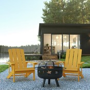 3 Piece Charlestown Yellow Poly Resin Wood Adirondack Chair Set with Fire Pit - Star and Moon Fire Pit with Mesh Cover, JJ-C145012-32D-YLW-GG