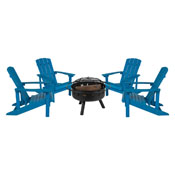 5 Piece Charlestown Blue Poly Resin Wood Adirondack Chair Set with Fire Pit - Star and Moon Fire Pit with Mesh Cover, JJ-C145014-32D-BLU-GG