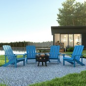 5 Piece Charlestown Blue Poly Resin Wood Adirondack Chair Set with Fire Pit - Star and Moon Fire Pit with Mesh Cover, JJ-C145014-32D-BLU-GG