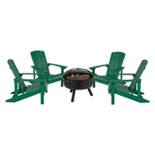 5 Piece Charlestown Green Poly Resin Wood Adirondack Chair Set with Fire Pit - Star and Moon Fire Pit with Mesh Cover, JJ-C145014-32D-GRN-GG