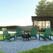 5 Piece Charlestown Green Poly Resin Wood Adirondack Chair Set with Fire Pit - Star and Moon Fire Pit with Mesh Cover, JJ-C145014-32D-GRN-GG