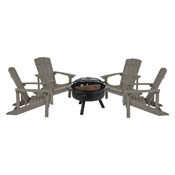 5 Piece Charlestown Gray Poly Resin Wood Adirondack Chair Set with Fire Pit - Star and Moon Fire Pit with Mesh Cover, JJ-C145014-32D-LTG-GG