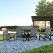 5 Piece Charlestown Gray Poly Resin Wood Adirondack Chair Set with Fire Pit - Star and Moon Fire Pit with Mesh Cover, JJ-C145014-32D-LTG-GG