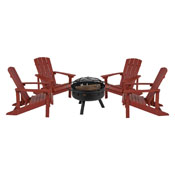 5 Piece Charlestown Red Poly Resin Wood Adirondack Chair Set with Fire Pit - Star and Moon Fire Pit with Mesh Cover, JJ-C145014-32D-RED-GG