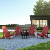 5 Piece Charlestown Red Poly Resin Wood Adirondack Chair Set with Fire Pit - Star and Moon Fire Pit with Mesh Cover, JJ-C145014-32D-RED-GG