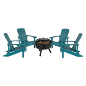 5 Piece Charlestown Sea Foam Poly Resin Wood Adirondack Chair Set with Fire Pit - Star and Moon Fire Pit with Mesh Cover, JJ-C145014-32D-SFM-GG