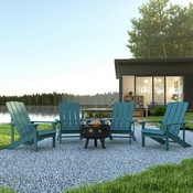5 Piece Charlestown Sea Foam Poly Resin Wood Adirondack Chair Set with Fire Pit - Star and Moon Fire Pit with Mesh Cover, JJ-C145014-32D-SFM-GG