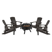 5 Piece Charlestown Slate Gray Poly Resin Wood Adirondack Chair Set with Fire Pit - Star and Moon Fire Pit with Mesh Cover, JJ-C145014-32D-SLT-GG